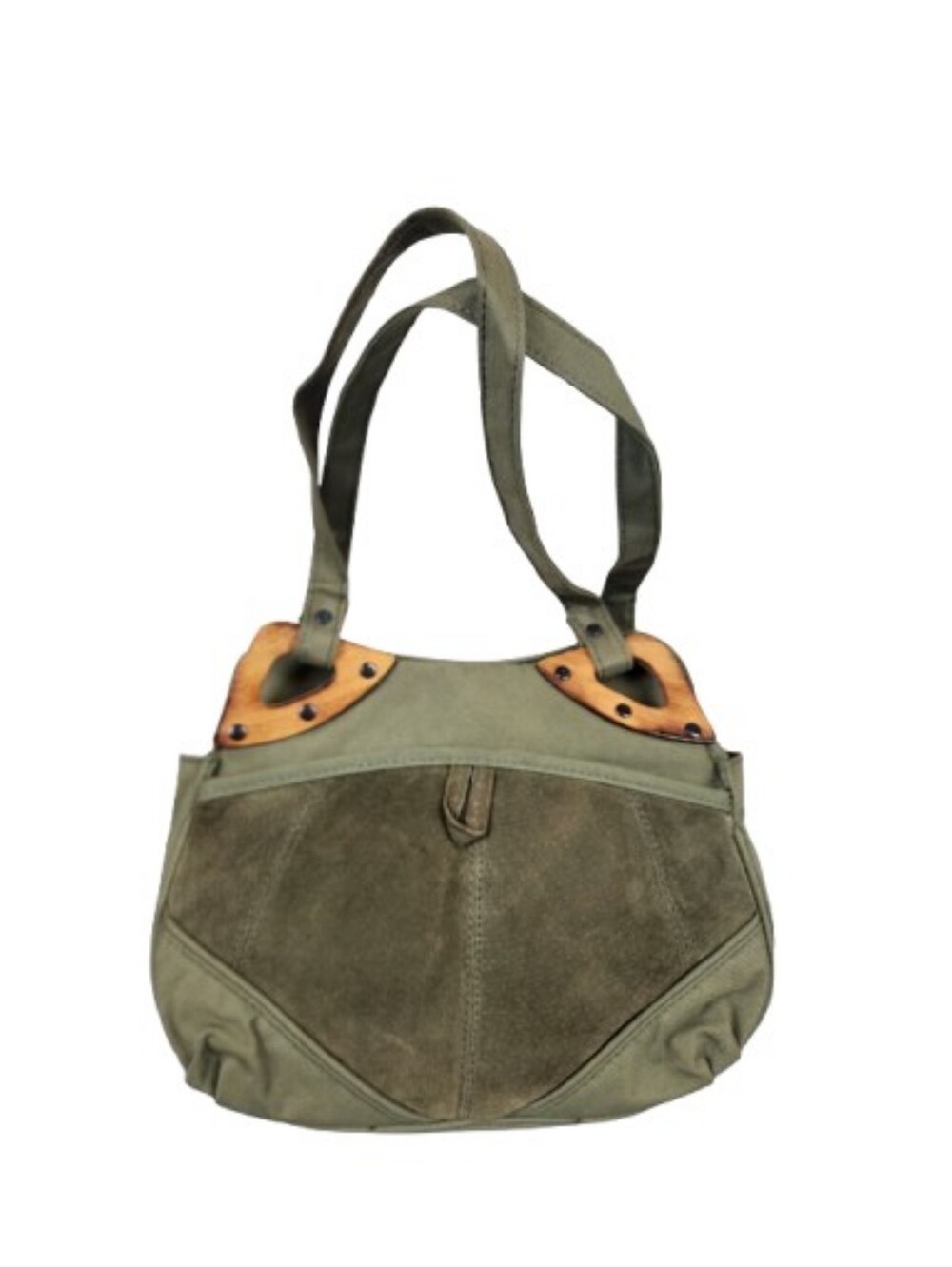 VTG Sassy Olive Canvas Shoulder Bag  Women's Tote Suede Zip Utility Wood